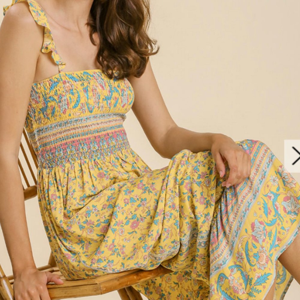 248.Women's Mixed Border Print Adjustable Trimmed Strap Smocked Maxi Dress NWT - Picture 2 of 6
